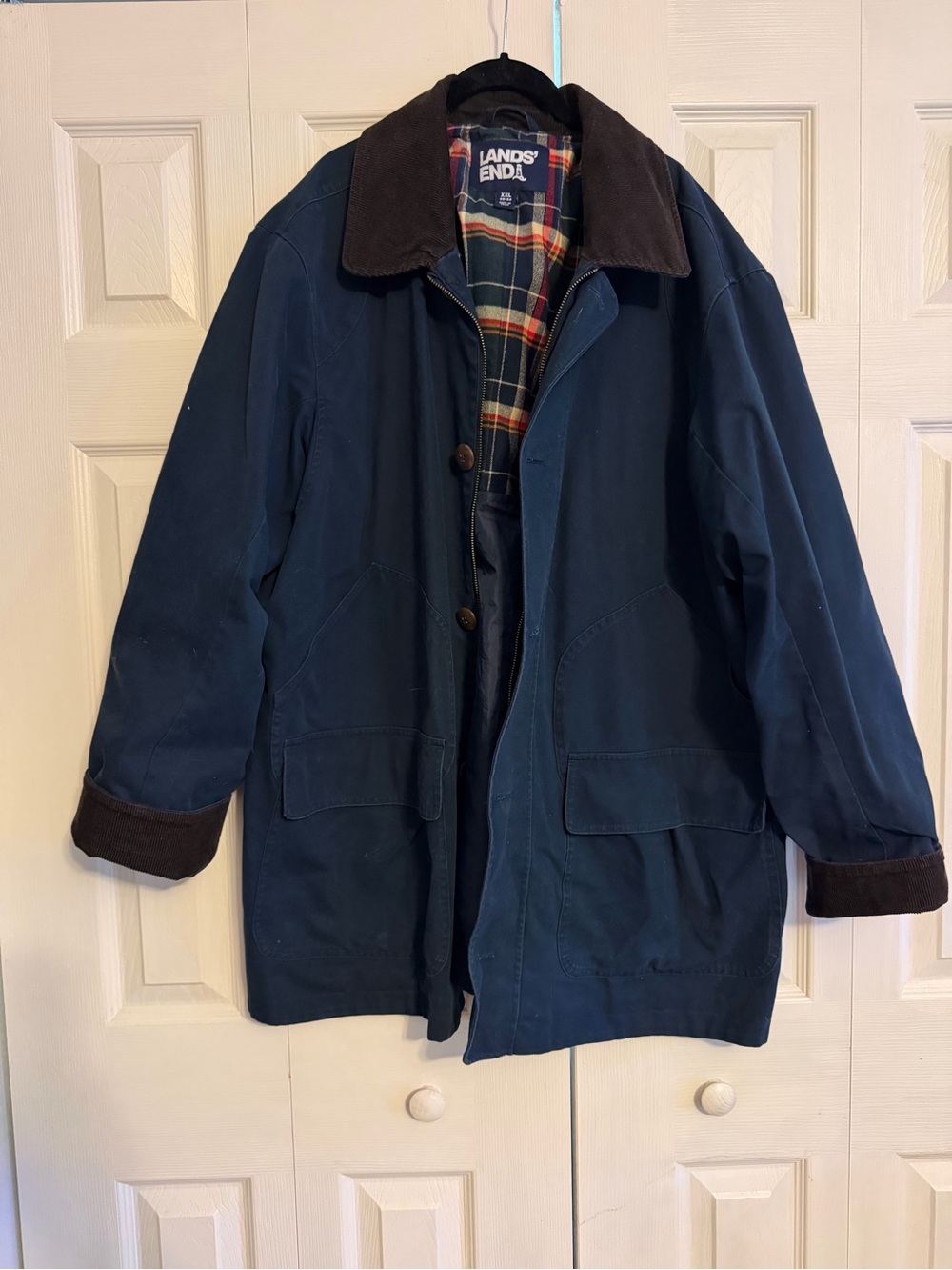 Lands' End Men's Navy Field Coat with Dark Brown Corduroy Collar